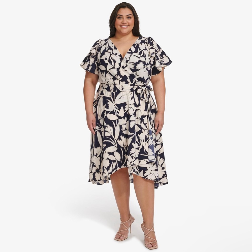 DKNY Women's Plus Size Double Ruffle Sleeve Asymmetrical Hem Faux Wrap Dress 20W